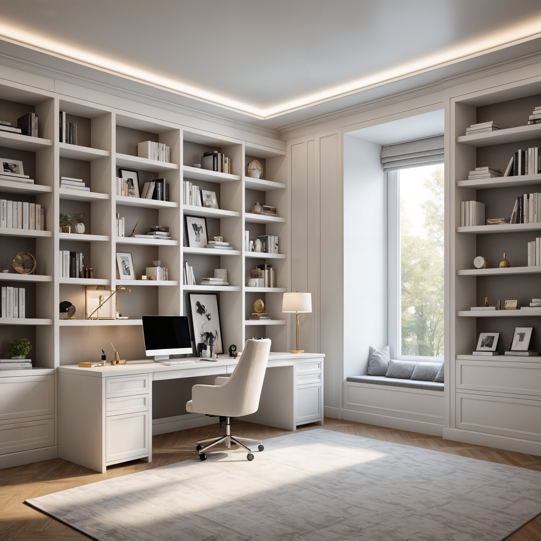 Custom Home Office With Built-In Shelving And Desk Space, Designed For Optimal Productivity And Style.