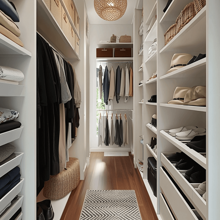Small Walk-In Closet With Custom Shelving, Pull-Out Drawers, And Efficient Storage.