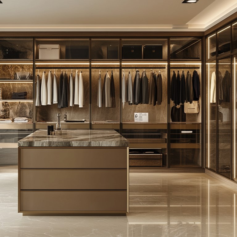 Luxury Walk-In Closet With Marble Island, Glass Doors, And Custom Shelving With Led Lighting.