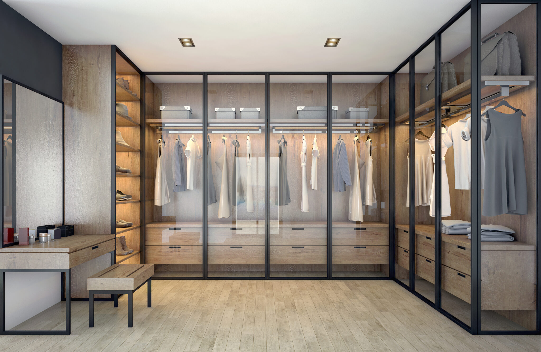 Sleek And Modern Walk-In Closet With Wooden Finishes, Glass Doors, And Organized Hanging And Shelving Spaces.