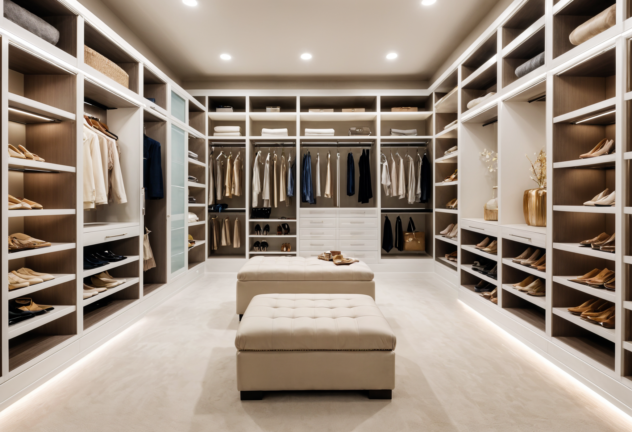 Spacious master walk-in closet with custom white cabinetry, multiple hanging sections, open shelving, built-in drawers, dual padded benches, and integrated lighting by JL Closets