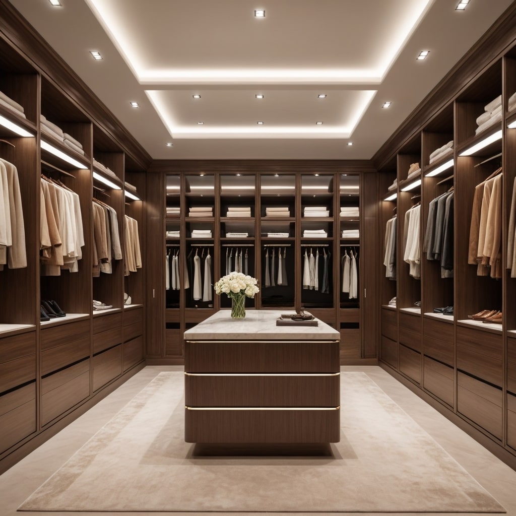 Luxurious master walk-in closet with custom walnut cabinetry, multiple hanging sections, adjustable shelving, central island, and integrated lighting by JL Closets