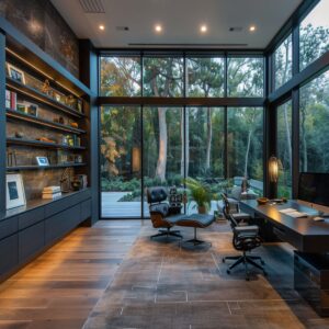 Modern home office for him with custom shelving, floor-to-ceiling windows, and sleek design.