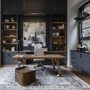 Luxury home office with modern design, built-in shelves, storage desk, and large windows allowing natural light.