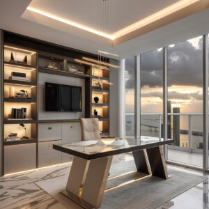 Custom built home office with integrated lighting, sleek white cabinetry, and ample storage options.