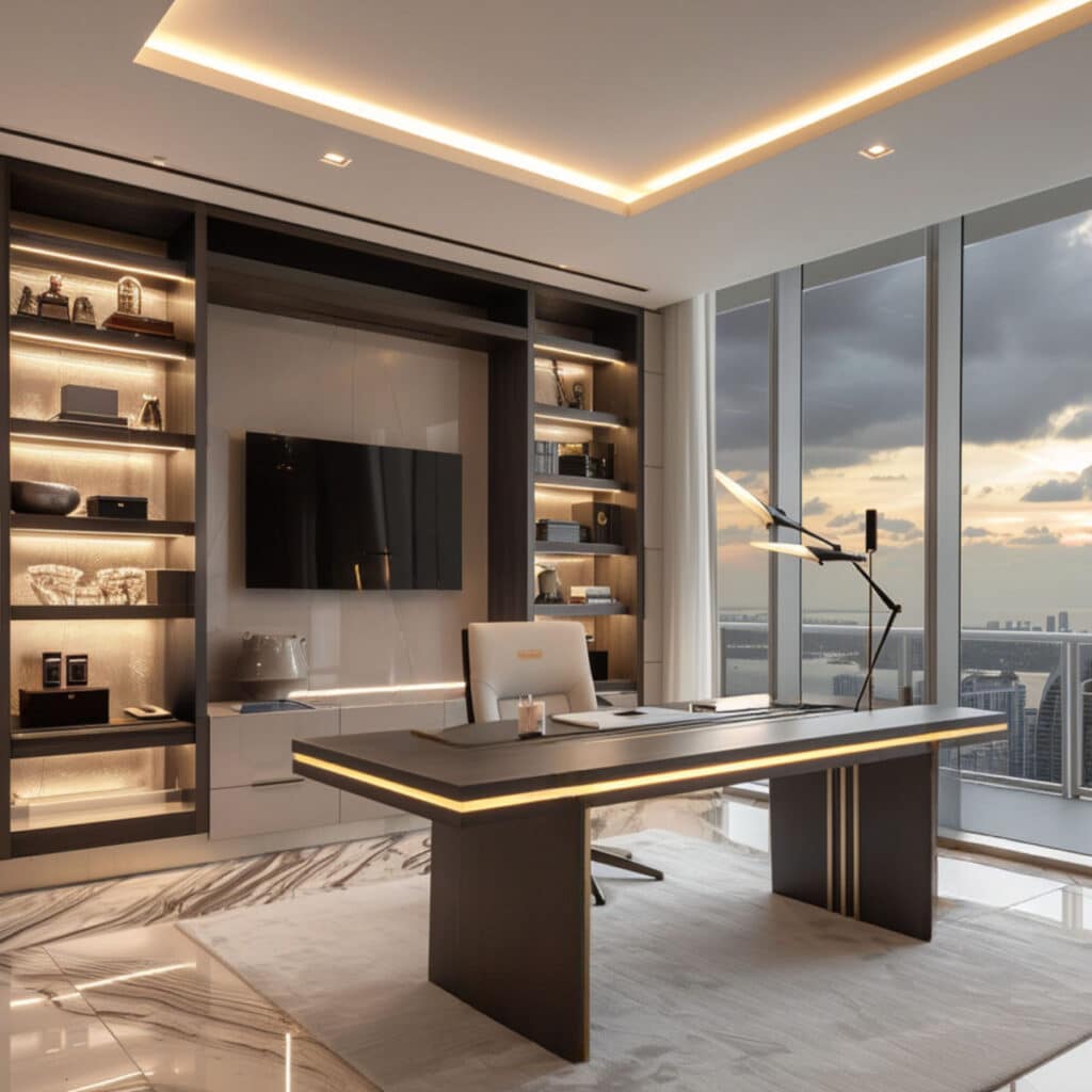 Luxury home office with a modern desk, custom shelving, and panoramic high-rise condo views.