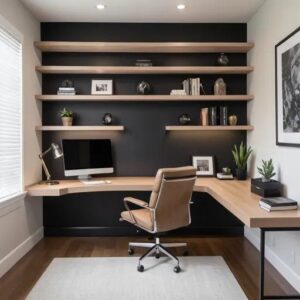 Custom desk for home office with built-in shelves, ergonomic chair, and personalized decor.