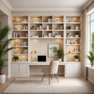home office bookcase featuring built-in shelving, gold accents, and a white office chair.