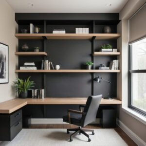 Contemporary home office for him featuring an L-shaped desk, floating shelves, and a black wall.