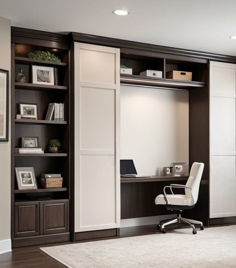 Small, Modern home office featuring a wall unit, white door cabinets, built-in shelving, and a white office chair.