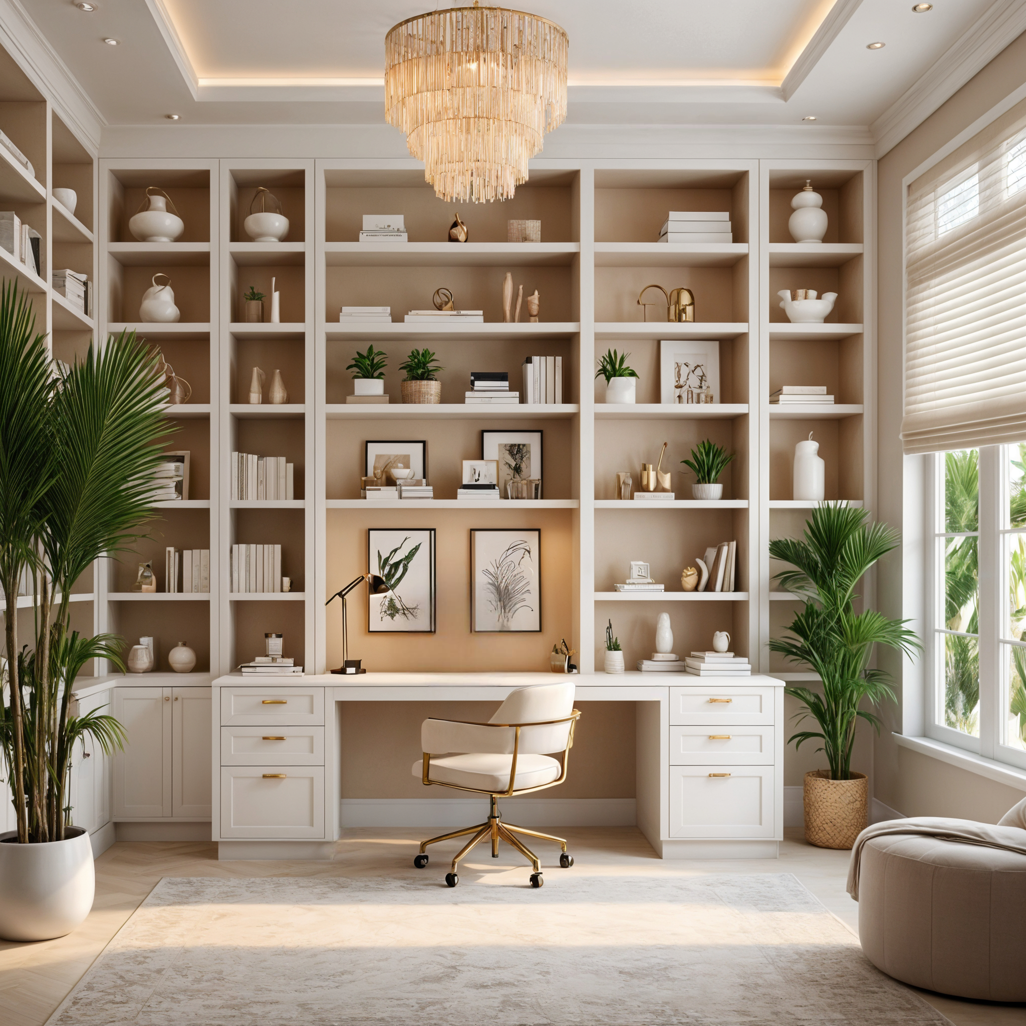 Elegant White Home Office For Her Featuring Built-In Shelving, Gold Accents, And A White Office Chair.