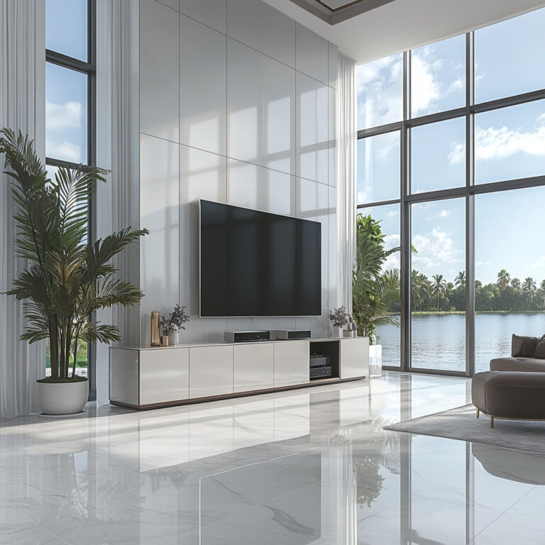 Modern And Minimalist Built In Entertainment Center With Stylish Wall-Mounted Tv Unit, And Integrated Storage In A Sleek And Modern South Florida Living Room.