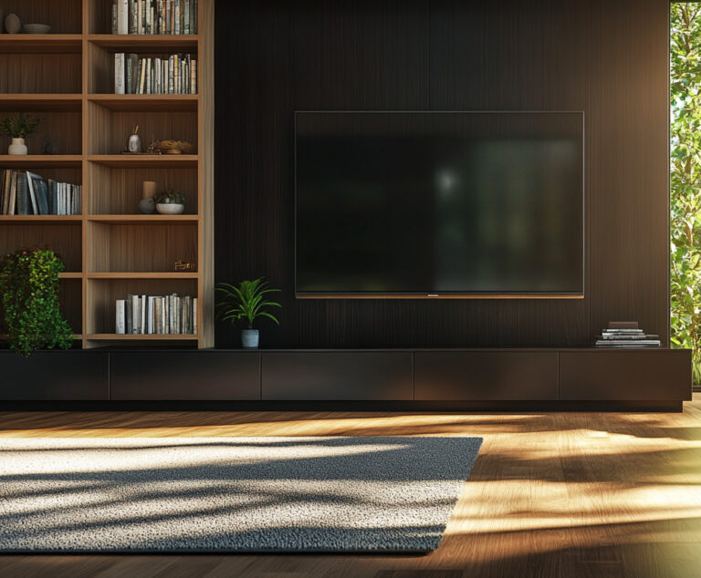Entertainment Center Wall Unit With Built-In Bookshelves And Sleek Storage Cabinets In A Modern Living Room.