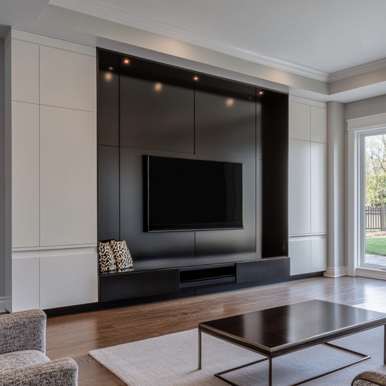 Modern Built-In Floating Entertainment Center With Black And White Cabinets And Sleek Tv Integration.