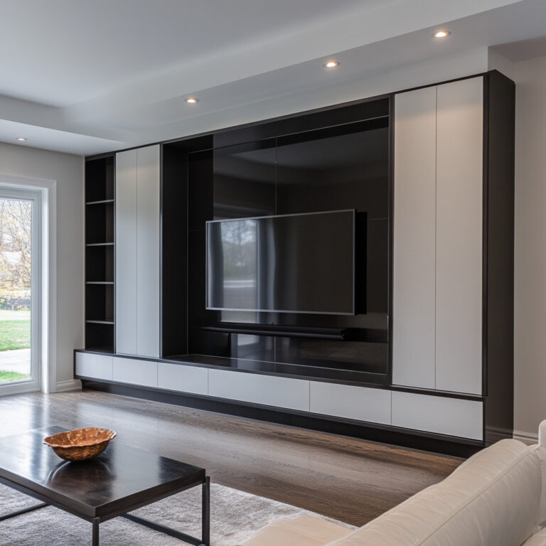 Modern Built-In Entertainment Wall Unit With Black And White Cabinets And Open Shelving For Storage And Display. Intertainment For The Whole Family.