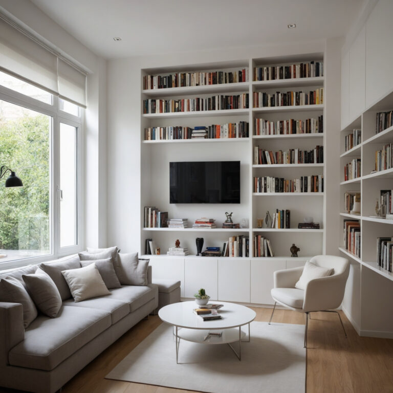 Built-In Entertainment Center With Custom Bookshelves And Storage Cabinets In A Modern Home Library Setting.