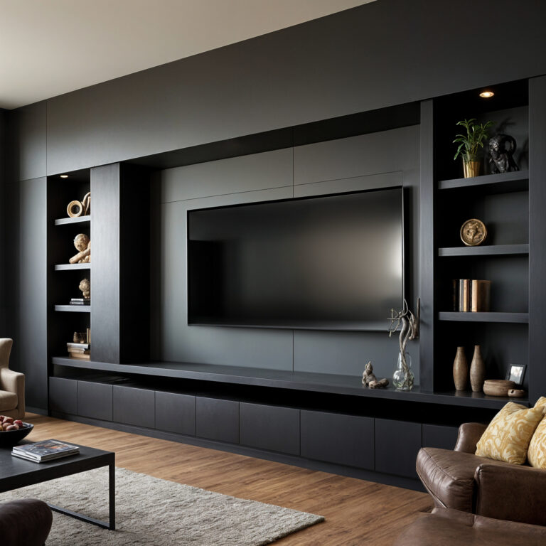 Modern Built-In Entertainment Center With Sleek Tv Cabinets With Storage, And Open Display Shelves. Sleek And Modern Built In Entertainment Center.