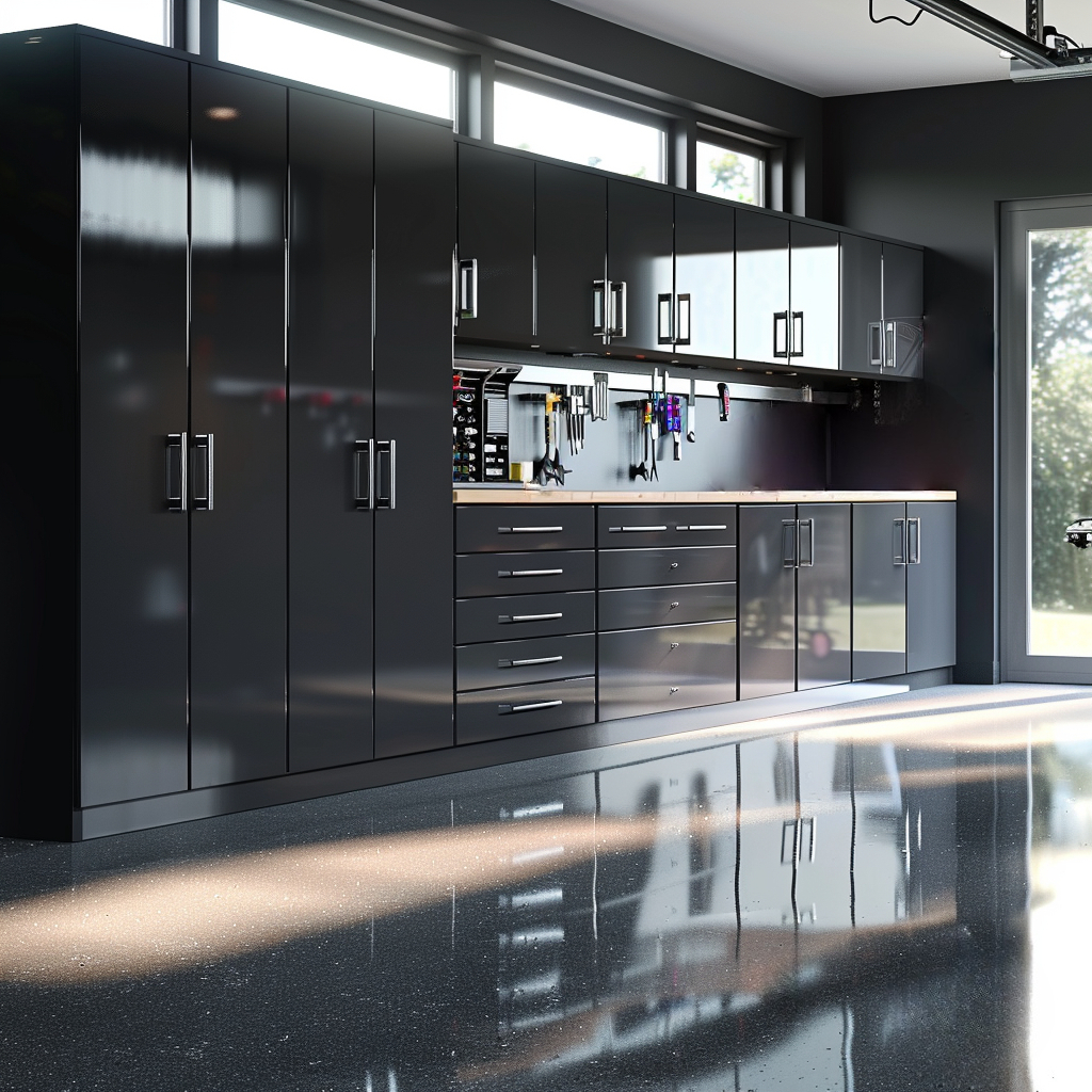 Sleek Garage Cabinets With Custom Tool Storage And Integrated Workbench, Featuring High-Gloss Finish And Adjustable Shelving.