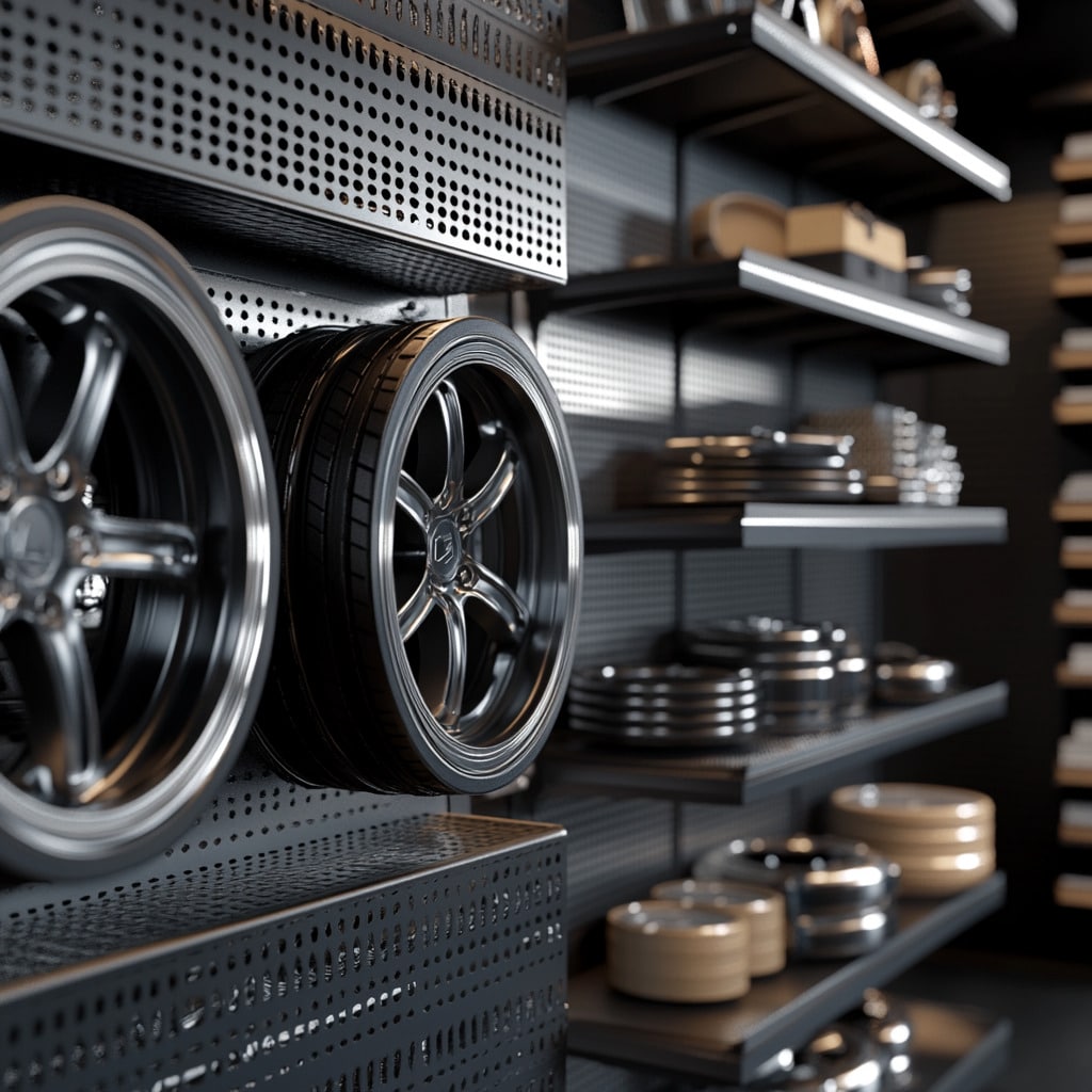 Custom garage shelving with tool storage and metal shelves, showcasing organized and efficient storage solutions for various garage items and auto parts.