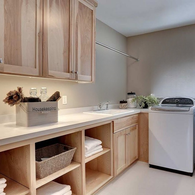 Modern Built In Laundry Room Cabinets With Utility Sink And Open Shelving