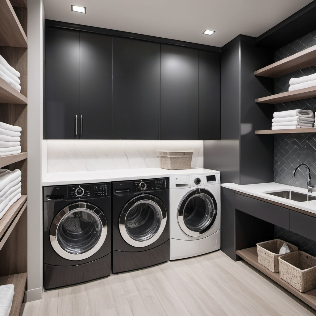 Modern Laundry Room With Triple Washer Setup And Black Cabinets