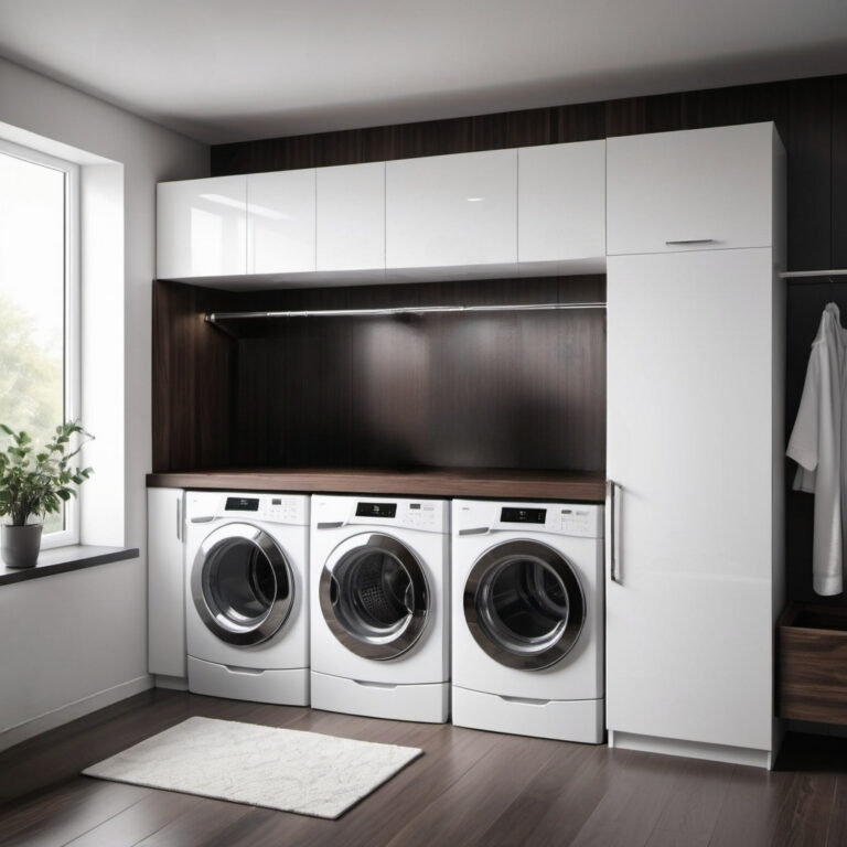 Modern Laundry Room With Triple Washers, Glossy Cabinets, And Wooden Backsplash