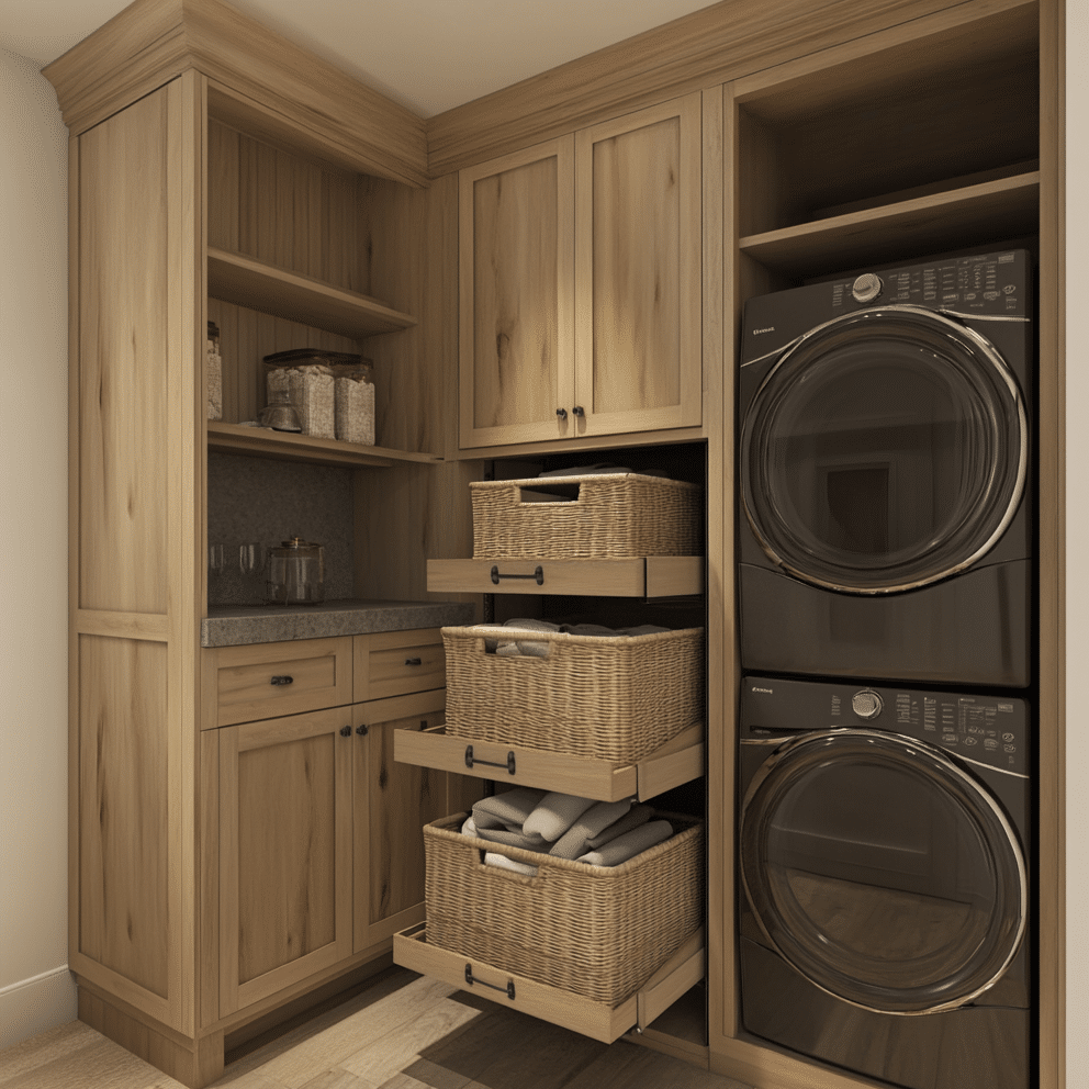 Built-in laundry room cabinets with pull-out baskets and stackable washer