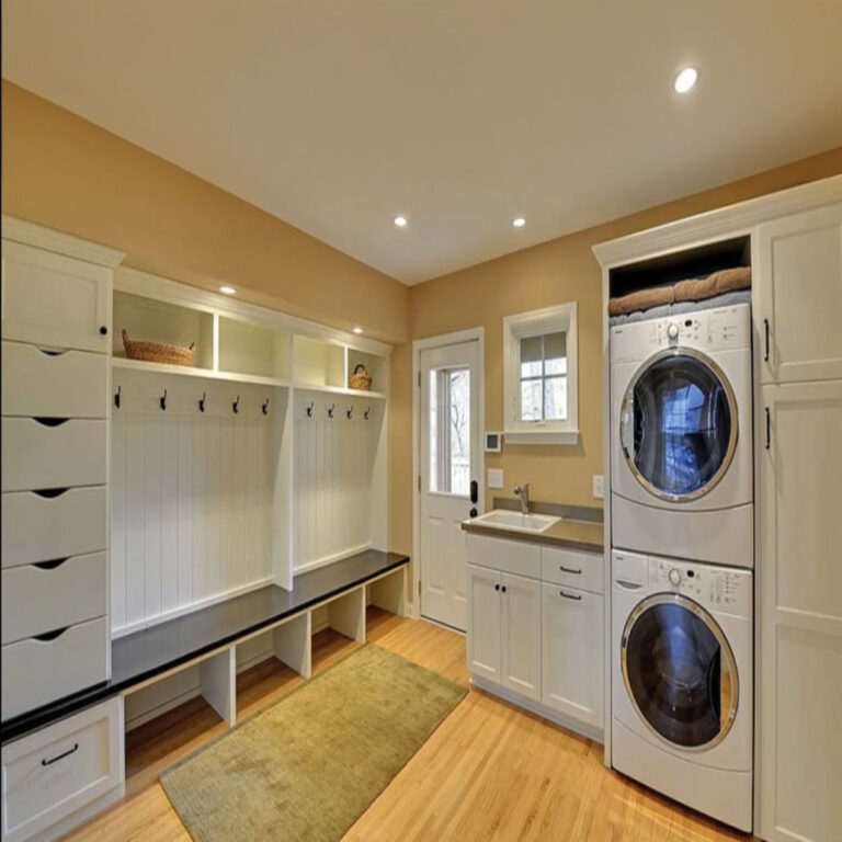 Custom Laundry Room With Mudroom Storage And Stackable Washer