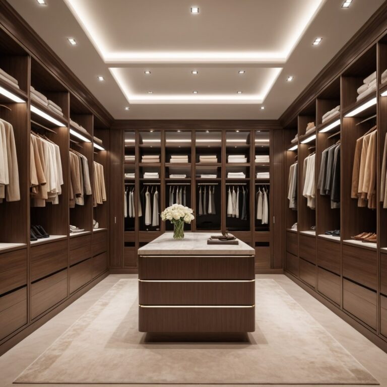 Luxurious Custom Walk-In Closet With Led Lighting, Premium Wood Finish, And A Marble-Topped Island For Organized Storage.