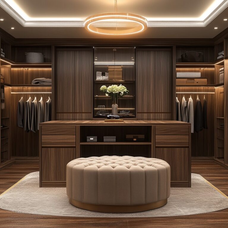 Luxury Walk-In Closet With A Center Island, Wooden Cabinetry, And Elegant Lighting.