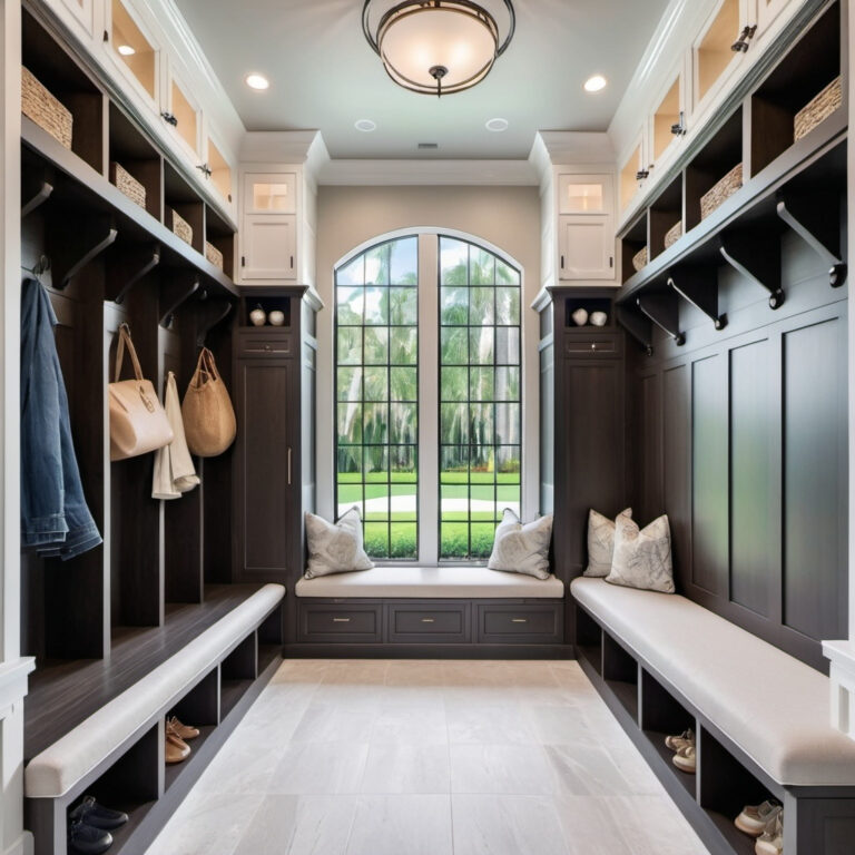 Luxury Mudroom With Custom Storage Lockers, Cushioned Bench Seating, And Overhead Cabinets In A Modern Entryway.
