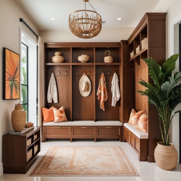 Rustic Mudroom With Custom Storage Lockers, Cushioned Bench Seating, And Open Shelving In A Warm Wood Finish.