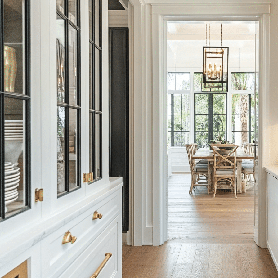 Elegant custom pantry cabinet with glass doors and brass hardware in a sophisticated dining area.