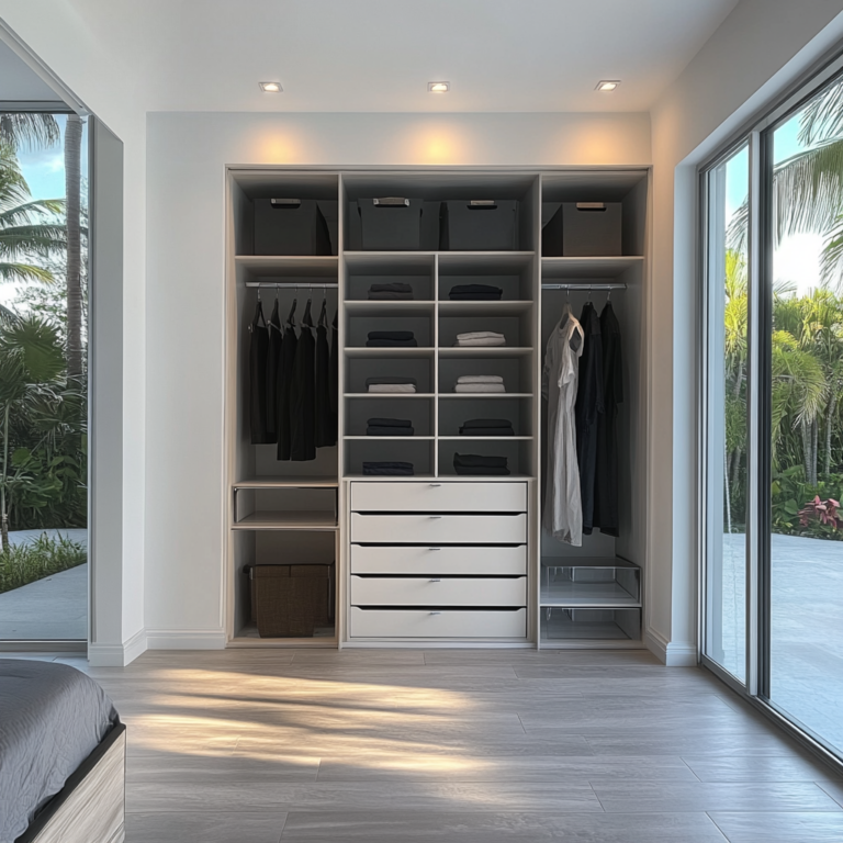 Modern Reach-In Closet With Drawers, Shelving, And Hanging Space.