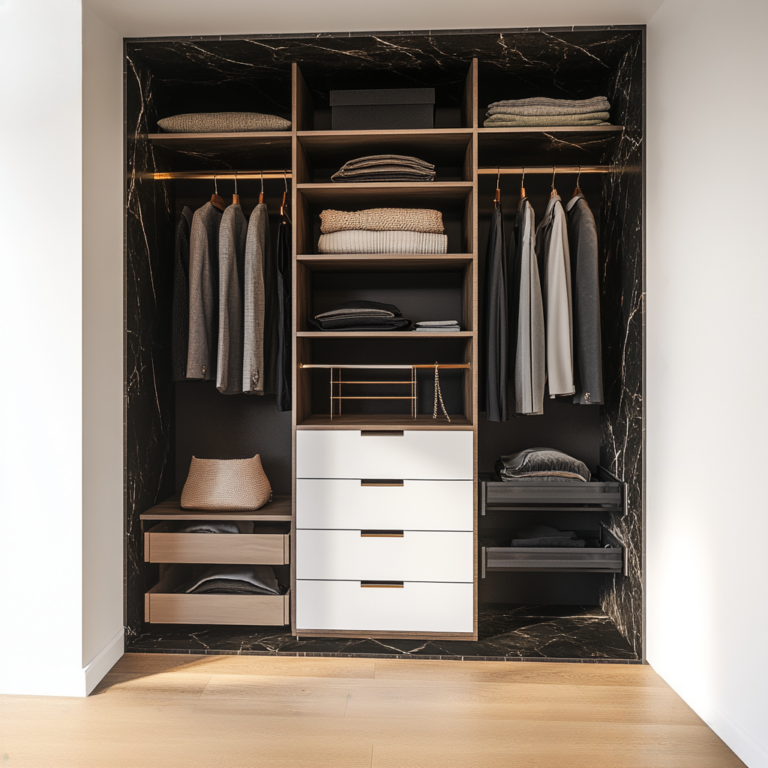 Modern Reach In Closet Featuring Drawers, Wooden Shelving, And Integrated Hanging Space.
