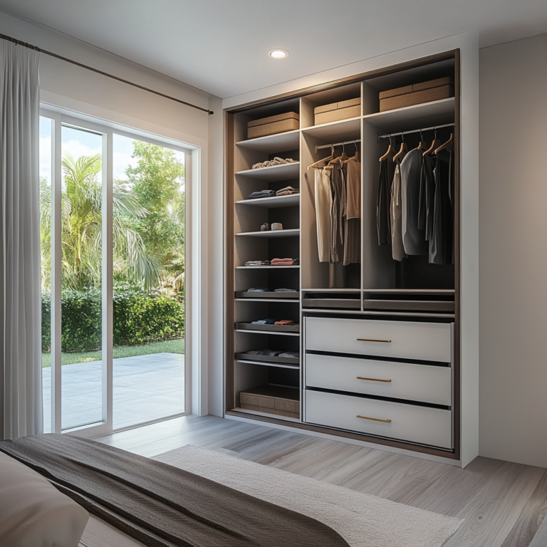 Custom Reach-In Closet With Sliding Doors, White Drawers, And Shelving.