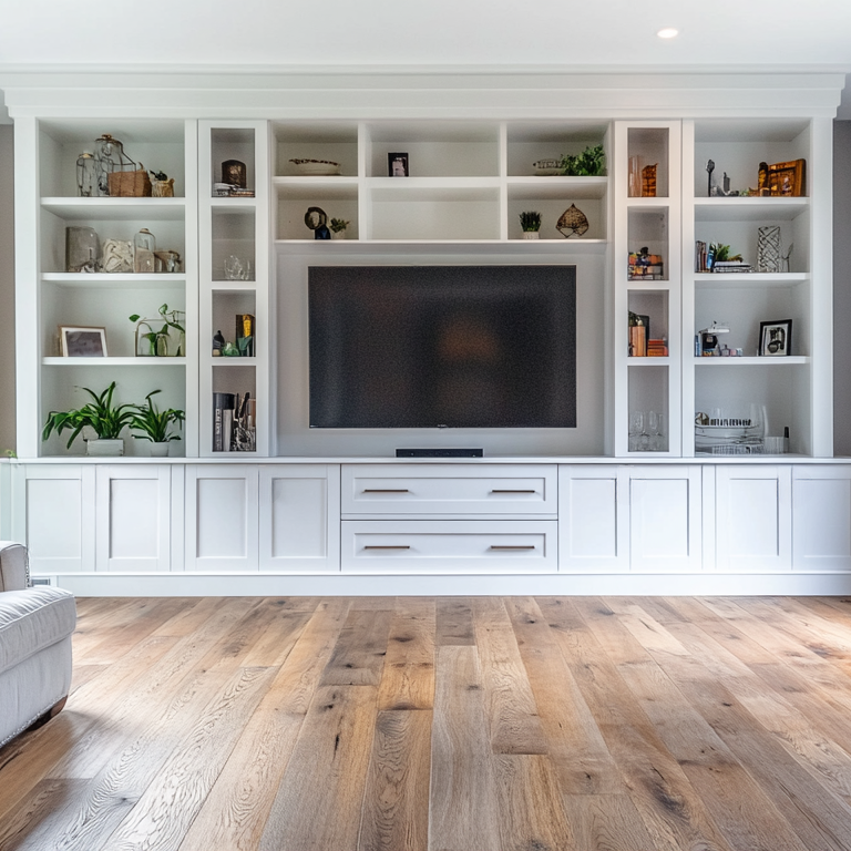 Custom Modern Intertainment Center With Storage And Open Shelving