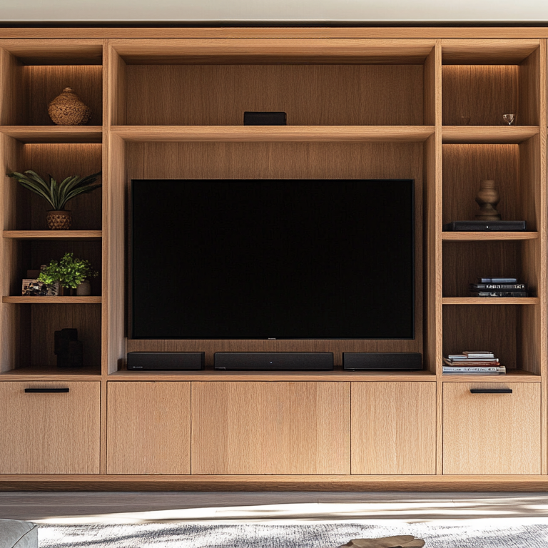 Custom Modern Wood Entertainment Center With Custom Media Storage Units And Open Shelving