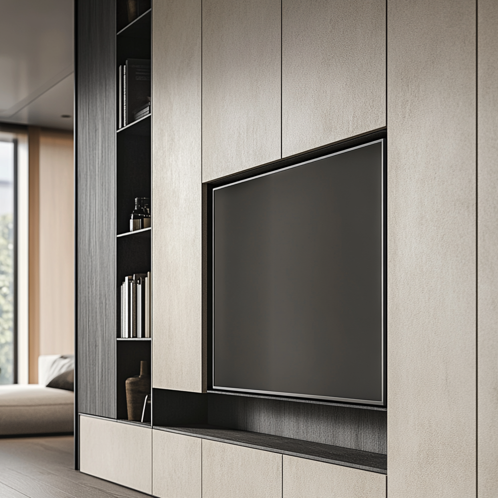 Custom minimalist built-in entertainment center with hidden storage and sleek design