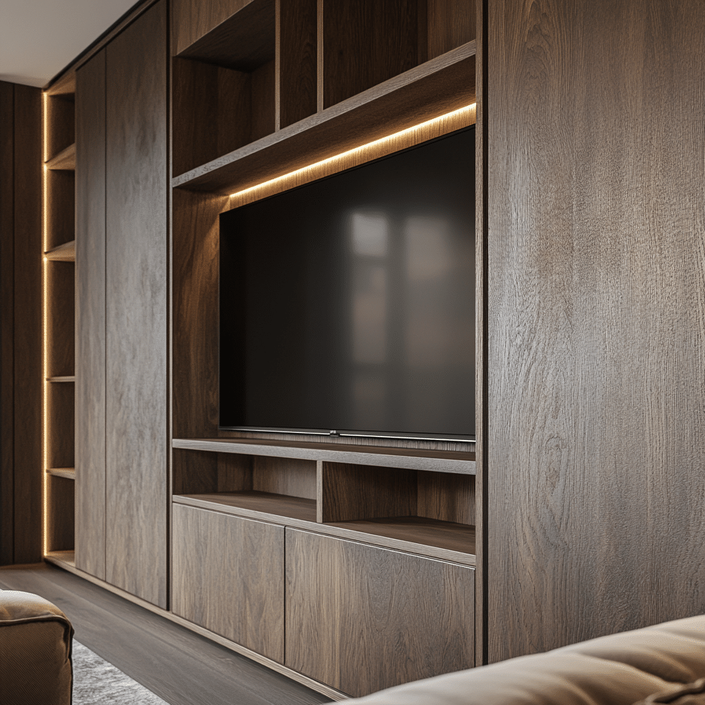 Sleek, modern custom designed entertainment center in dark wood with integrated shelving and lighting.