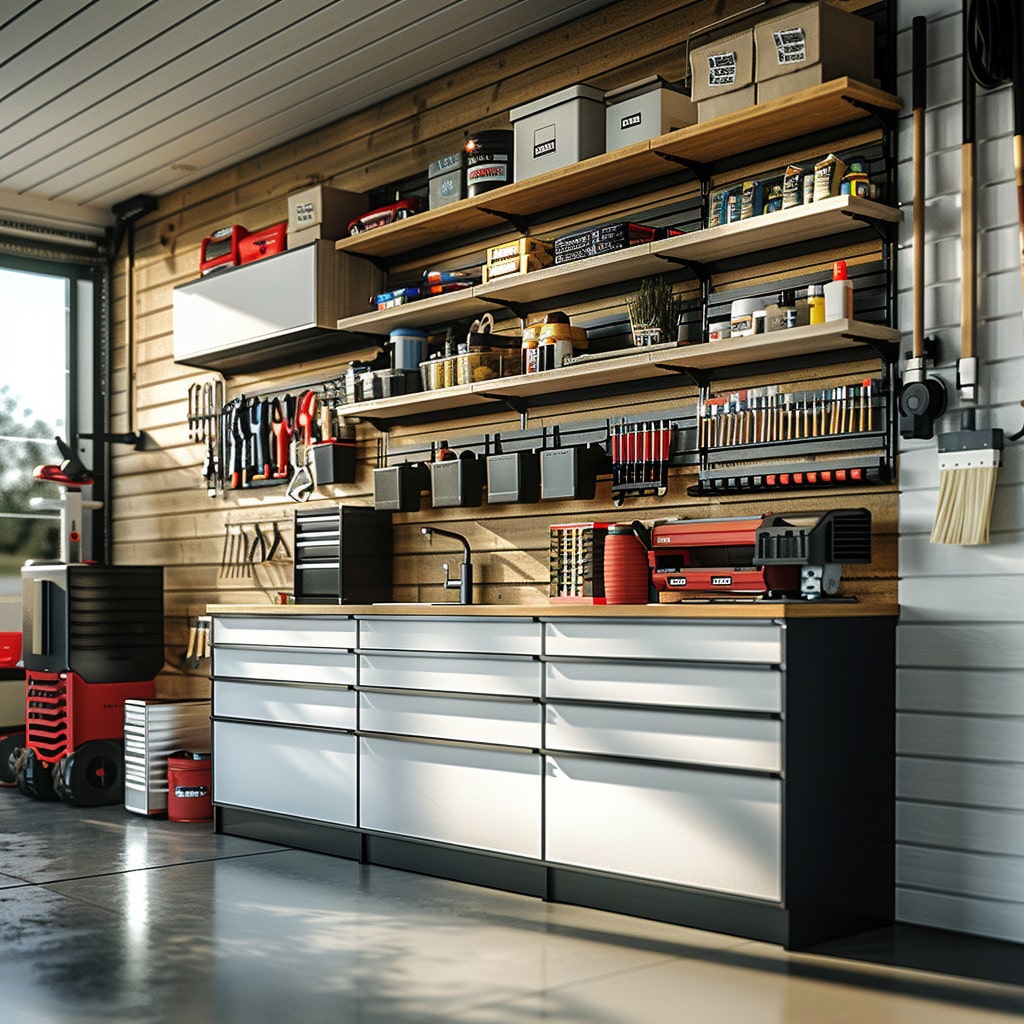 Comprehensive garage storage shelving system with tool organizer and integrated workstation.