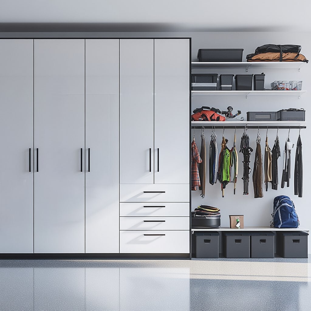 Custom garage cabinets with integrated drawers, open shelving, and hanging rods for versatile storage solutions