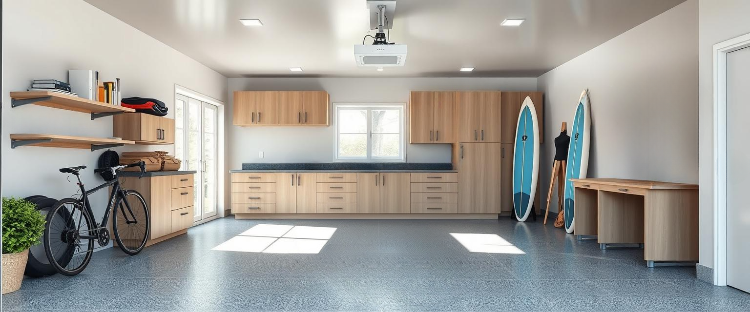 Garage With Light Wood Cabinets, Surfboard Rack, And Open Shelving For Versatile Storage Solutions.