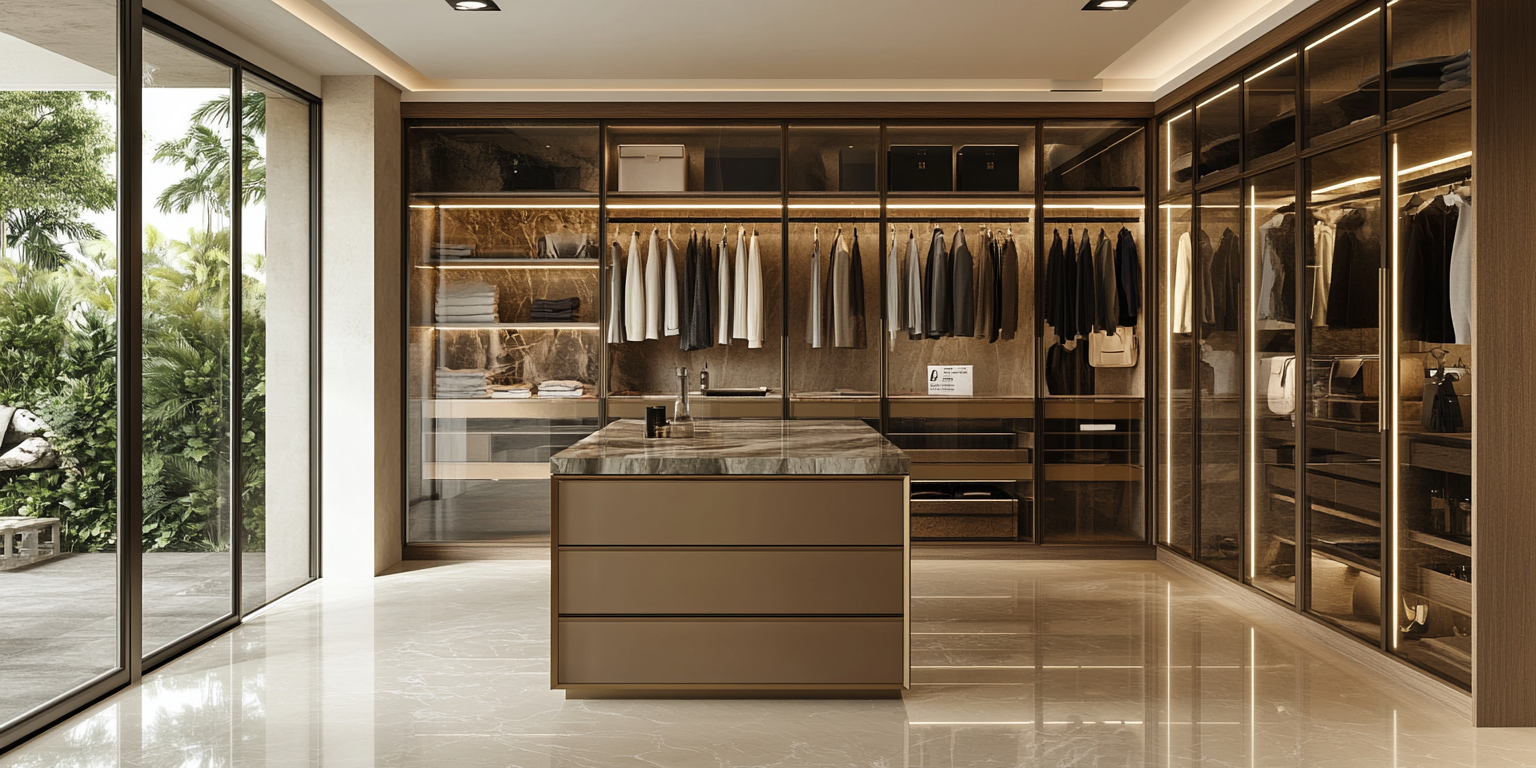 Contemporary Walk-In Closet With Glass Doors, Marble Island, And Integrated Lighting By Jl Closets