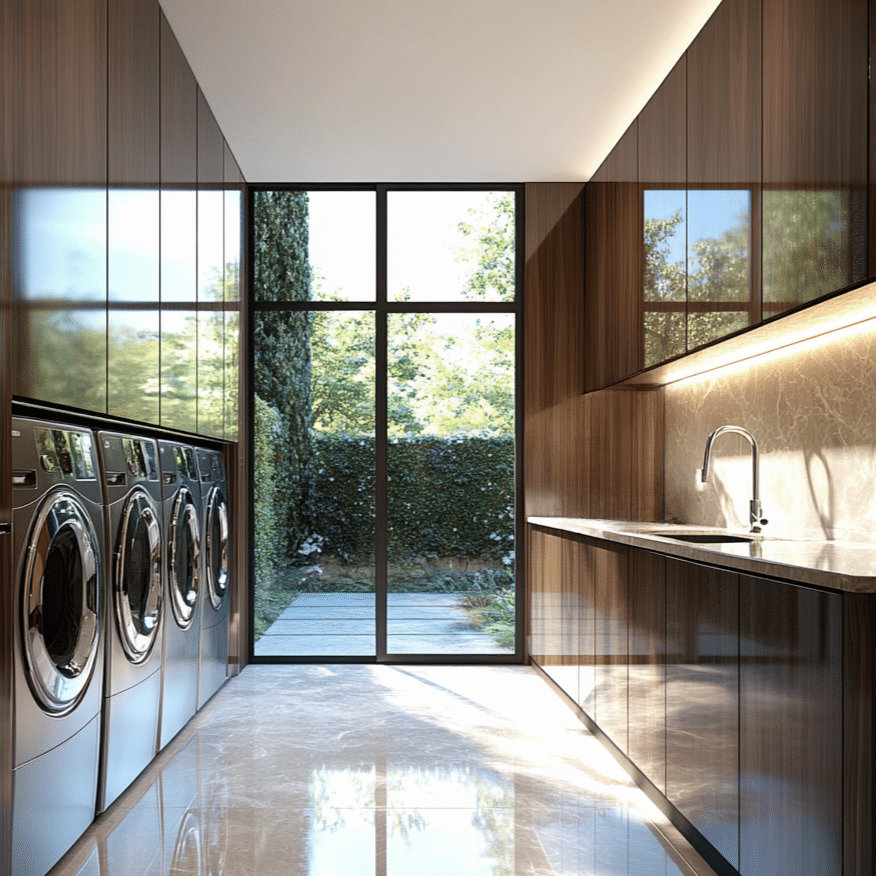 Modern laundry room with custom dark wood cabinets and natural lighting