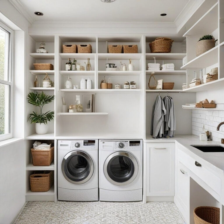 Modern Laundry Room With Shelf Over Washer And Dryer.