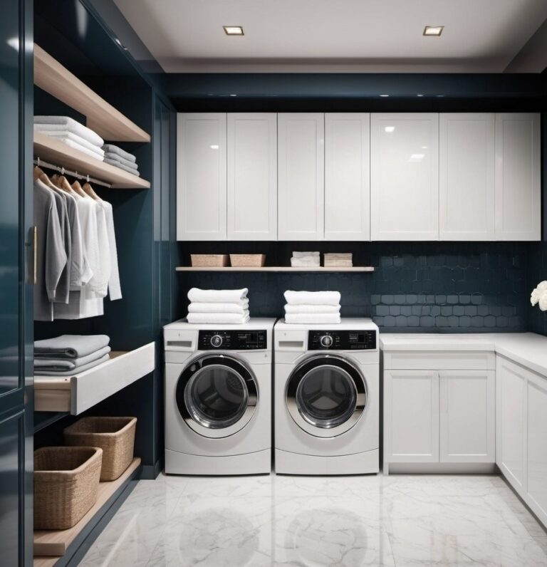 Modern Laundry Room With Open Shelving, Custom White Cabinets, Dual Wash System, And Integrated Sink.