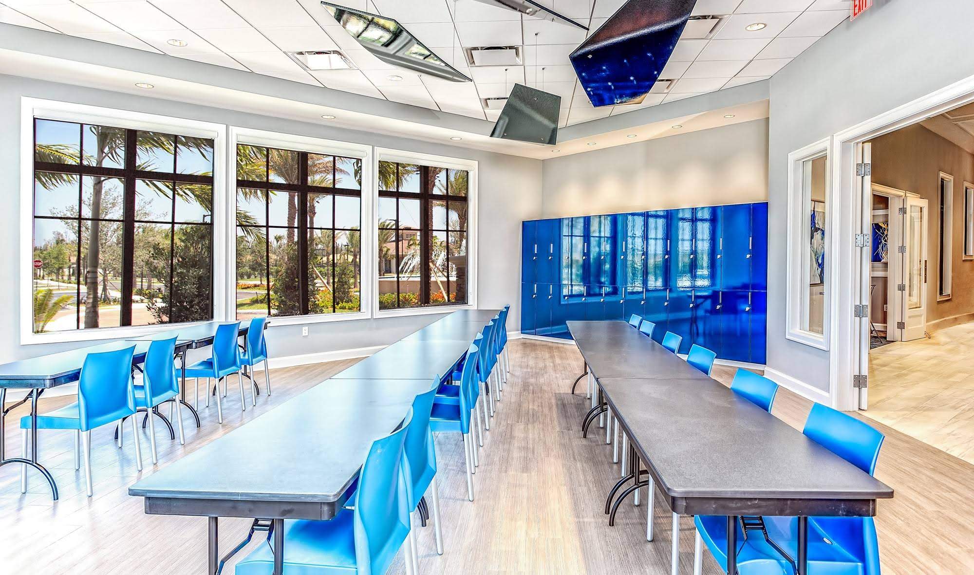 Custom organize table and cabinets in bright blue color