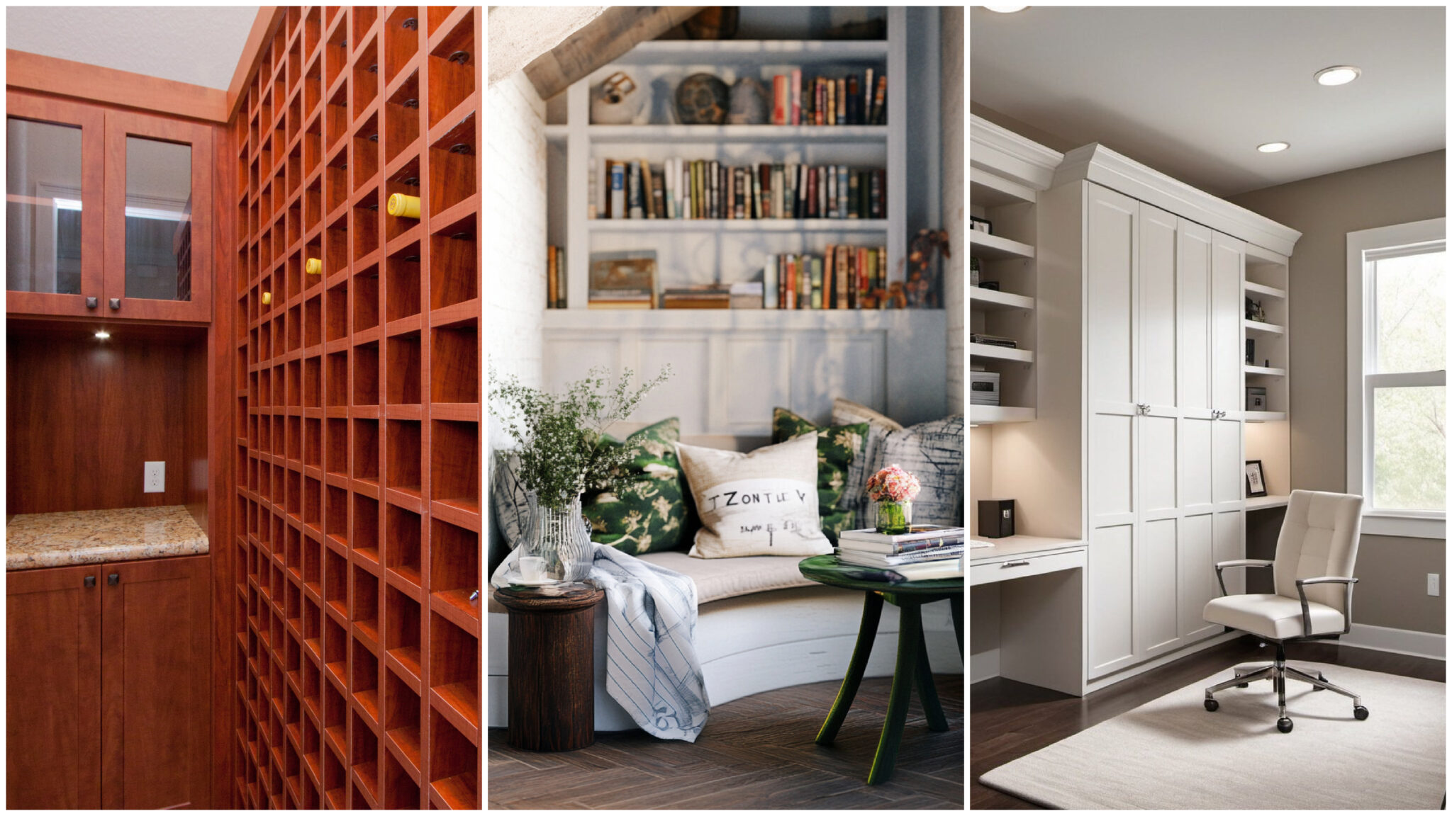 Storage Ideas Like Cozy Nook With Built-In Shelves, Murphy Bed And Wine Storage For Maximizing Small Spaces.