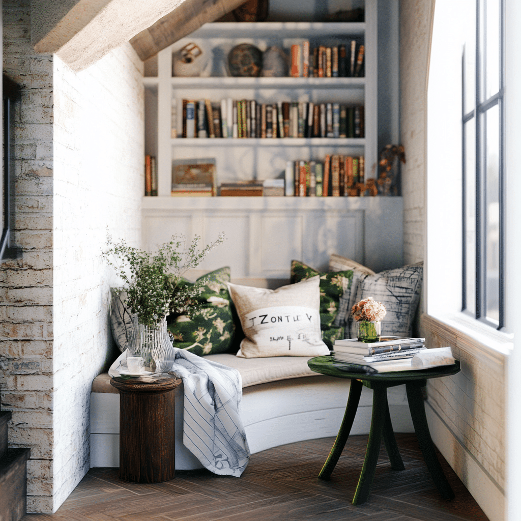 Cozy reading nook with built-in shelving, showcasing creative storage solutions for small spaces.